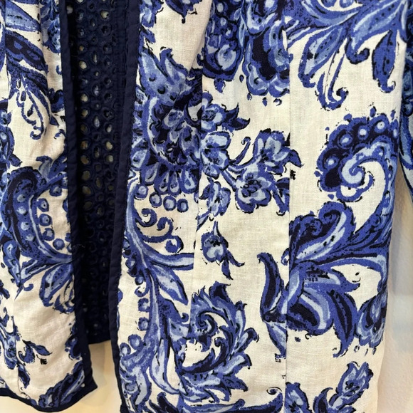 Coldwater Creek Reversible Eyelet Floral Open Front Jacket Navy/White 14 NWOT - Picture 5 of 10
